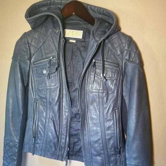 Michael Kors Jackets & Blazers - Michael Kors Navy Hooded Leather Jacket with Quilted Shoulders